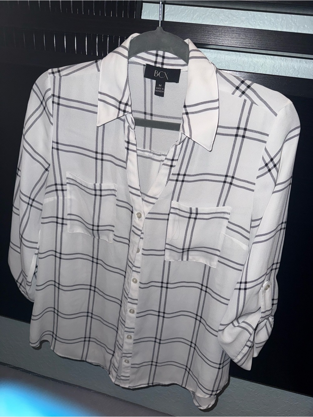 BCX White and Black Plaid Button-Down Shirt
